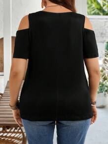EMERY ROSE Femmes grande taille T-shirt décontracté à manches courtes avec imprimé tournesol et papillon, épaules dénudées. Style campagne chic pour les vacances. Simple et pour le port quotidien. Hauts d'été pour femmes, tenue de bureau pour les vacances, festival boho, sortie simple et - Noir - Voir 2