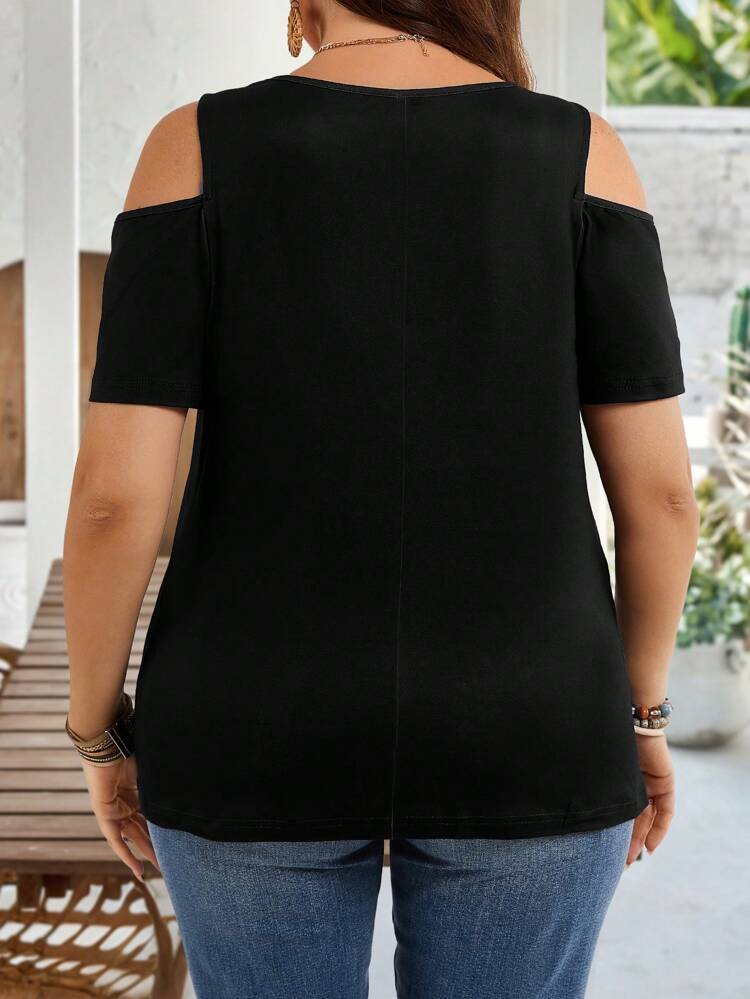 Plus Size Women Sunflower & Butterfly Print Cold Shoulder Short Sleeve Casual T-Shirt,Country Casual Vacation Woman,Simple And Fashionable For Everyday Wear,Summer Tops Women, Vacation Office Wear Festival Boho Holiday Outing Simple & Fashionable