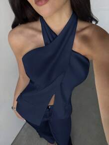 Aloruh Women's Solid Color Criss-Cross Design Fashion Halter Neck Camisole For Commuting