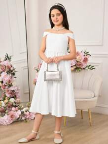 Tween Girls Elegant White Satin Camisole Mid-Length Dress, Summer