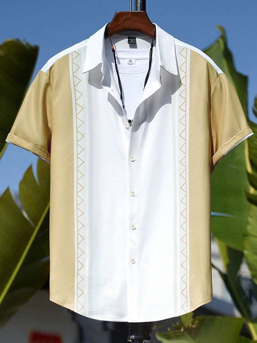Manfinity RSRT Men's Knitted Casual Shirt: Stylish Short Sleeve Regular Fit With Unique Geometric Print Khaki And White - Khaki - View 1