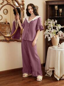 法式复古彼得潘领荷叶边女士睡衣套装节日季 - 淺灰紫 - 查看 4