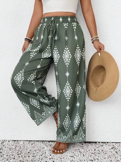SHEIN Frenchy Plus Size Women Casual Bohemian Style Pants, For Summer Vacation Boho