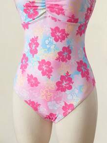 SHEIN MOD One-Piece Swimsuit With Shoulder Strap, Ruched Front, Waist Cinched, Floral Print, Perfect For Vacation, Beach, SPA,Beach  ,Boho,Romantic ,Tropical  ,Vacation ,Floral,Pink Beach One-Piece Swimsuit, Cute, Kawaii