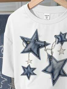 SHEIN 2 件套青少年女孩酷女孩星星印花休闲简约短袖上衣和裤子套装，适合夏季 - 彩色 - 查看 5