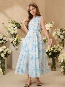 SHEIN Tween Girl Rochie elegantă fără mâneci cu talie înaltă, țesătură din șifon cu imprimeu trandafir albastru, potrivită pentru fetița de nuntă, vară