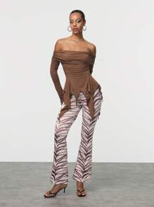 TypaGal 女式纯色长袖露肩不对称下摆衬衫 - 咖啡棕 - 查看 3