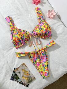 Swim Mod 2件套女士夏季海滩可爱假日花卉印花无线厚吊带上衣和泳裤泳衣 - 彩色 - 查看 1