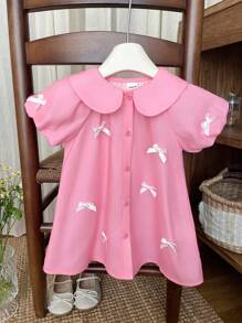 Baby Girl Cute Pink Peter Pan Collar Bow Short Sleeve Dress, Summer - Pink - View 5