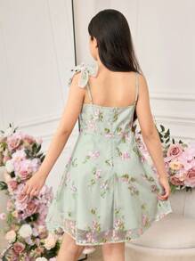 Pitira Pitira Váy yếm lưới thêu hoa thanh lịch mùa hè cho bé gái tuổi teen - màu xanh lá - Xem 2