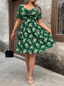 SHEIN Clasi Robe mi-longue à encolure en cœur et manches courtes avec imprimé floral mignonne pour femmes grandes tailles - Vert - Voir 3