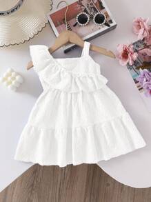 SHEIN Vestido de verano de línea A con textura, volantes en el bajo y parches para niña, esencial para el uso diario - Blanco - Ver 2