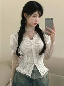 DAZY Áo cánh trễ vai viền bèo nhún cài đơn thời trang thu đông cho nữ - trắng - Xem 7