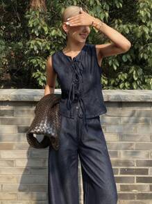 Women's Summer Bowknot Strap Top And Denim Pants 2pcs/Set, Casual Denim Outfit - Dark Wash - View 5