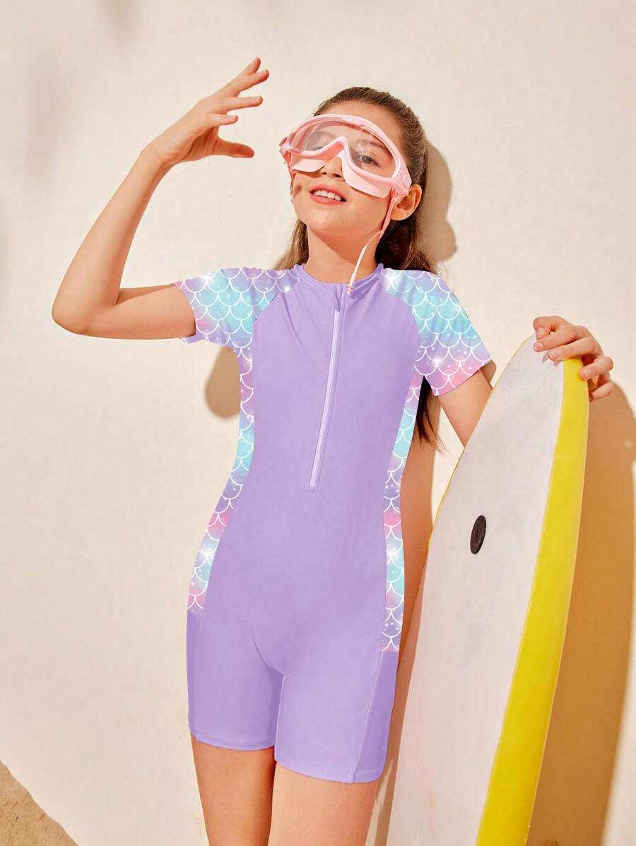 SHEIN Tween Girl Vacation Beach Fish Scale Print Patchwork One-Piece Swimsuit Summer Holiday