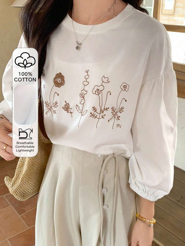 Teen Girl Floral Embroidery Pattern Round Neck Casual Versatile Daily Wear Lantern Sleeve Blouse Spring Easter