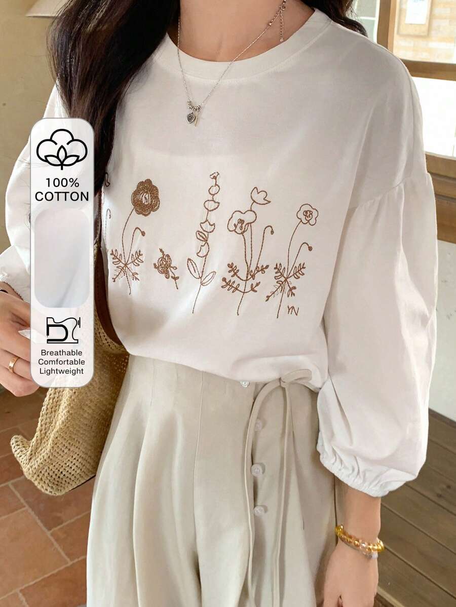 FRIFUL Women's White Loose T-Shirt With Floral Embroidery Pattern, 3/4 Sleeve, Bohemian Style, Spring - White - View 1