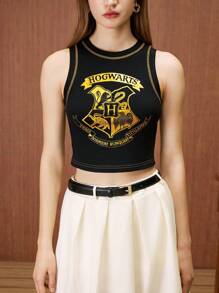 HARRY POTTER X SHEIN Women's Casual Summer College Style Badge Hot Stamping Round Neck Black Slim Vest