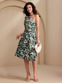 Chiquease Women's Elegant Floral Print Asymmetrical Ruffled Hem Belted Summer Vacation Dress - Green - View 5
