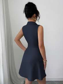 Elenzga 女式法式优雅通勤休闲度假纯色衬衫领双排扣束腰 A 字形仿口袋翻盖装饰无袖迷你连衣裙，春夏