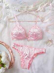 PetitDoll 2pcs Women's Ruffled Fashion Wireless Lingerie Bra & Panty Set - Pink - View 6