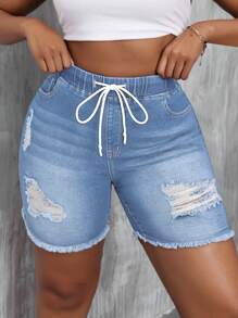 SHEIN SXY Plus Size Casual Vakantie Zomer Denim Shorts met Trekkoord en Elastische Taille