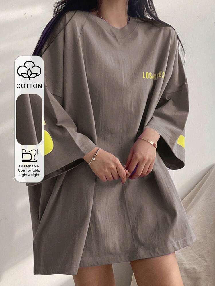 Women's Summer Letter Printed Round Neck Drop Shoulder Loose Casual T-Shirt Oversized T-Shirt