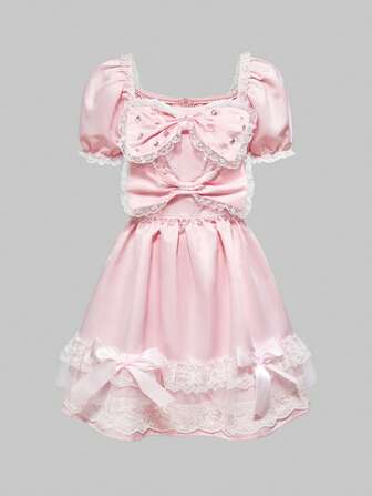 J-Fashion Robe courte rose pour femme avec grand nœud décoratif, dans un style mignon de princesse de Shibuya