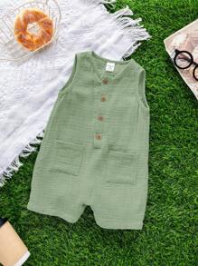 SHEIN 新生男婴夏季休闲度假可爱绿色无袖连体衣适合生日派对、晚会、表演、婚礼、满月庆祝、洗礼和第一个生日派对、婴儿洗礼 - 綠色 - 查看 9
