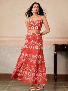 Anewsta Women 2pcs Set Hollow-Out Embroidered Spaghetti Strap Top + A-Line Skirt,Red And White,Summer,Boho,Vacation,Holiday,Elegant Personalized Beach Casual - Burnt Orange - View 1