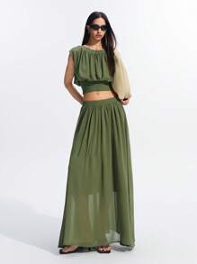 LYSMO 女士绿色宽松上衣薄纱裙两件套 - 春夏 - 綠色 - 查看 3