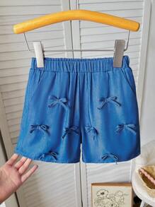 Short ajusté décontracté de couleur unie tressé pour jeune fille - Bleu azur - Voir 1