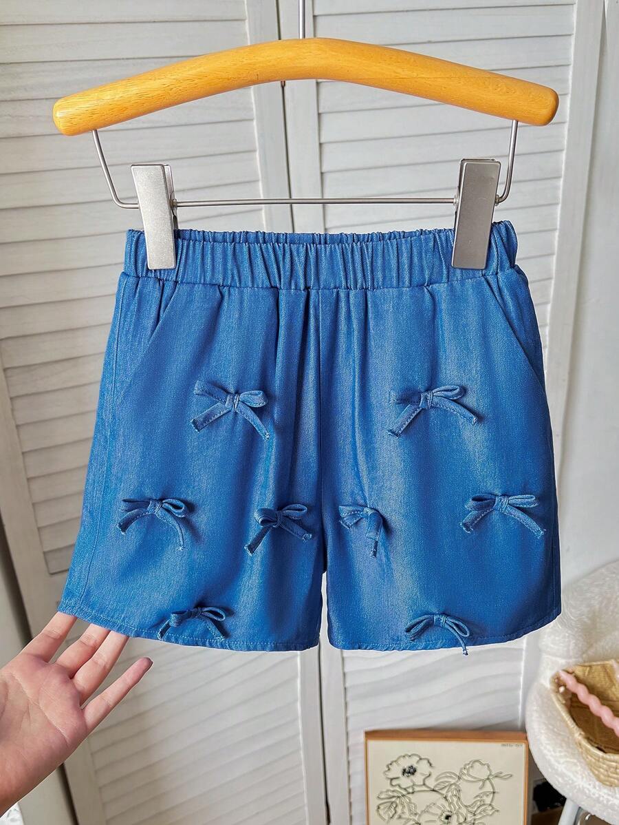 Short ajusté décontracté de couleur unie tressé pour jeune fille - Bleu azur - Voir 1