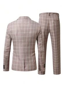 Manfinity Mode Men's Plaid Long Sleeve Jacket And Pants Suit Set - Camel - View 2