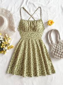 Soleia Ditsy Blumen Kreuz Schnürung Rückenfrei Spaghettiträger Mini Kleid, Sommer