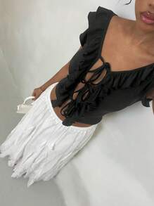 Glamine Women's Black Ribbed Ruffle-Trim Short Sleeve T-Shirt With Adjustable Drawstring Design, Summer - Black - View 1