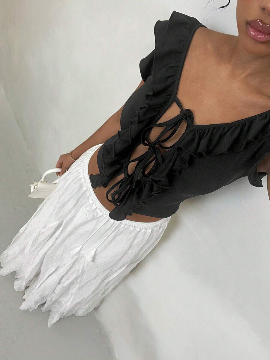 Glamine Women's Black Ribbed Ruffle-Trim Short Sleeve T-Shirt With Adjustable Drawstring Design, Summer - Black - View 1