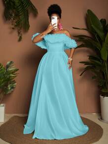 Maweii Vestido con escote sin tirantes, volantes y tela de gasa, talla grande - Azul - Ver 4