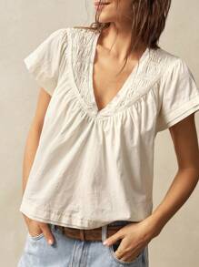Bohemela BOHO Solid Woven V-Neck Short Sleeve Loose Blouse For Women