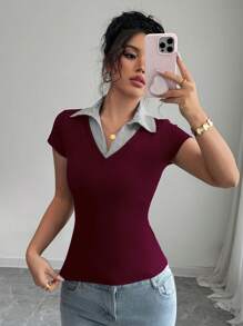 Selianne Blusa casual elegante de negocios Rafferiza para mujer, cómoda y sofisticada, con escote en V, de rayas, 2 en 1, de tela acanalada elástica de alta calidad, corte ajustado, para primavera/verano, de manga corta, en color rojo borgoña