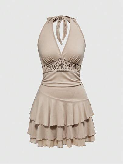 Women's Hippie Style Sun Totem Embroidered Layered Hem Mini Cami Dress