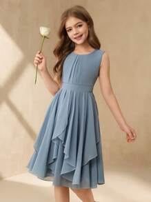 SHEIN 女孩中大女孩飘逸雪纺不对称下摆短裙，花童选美婚礼派对生日活动' - 藍色 - 查看 5