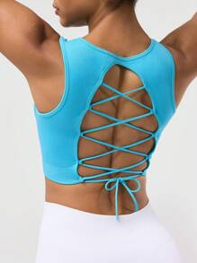 SHEIN Sports 1 件无缝运动瑜伽工字背心，高弹性 - 藍色 - 查看 2