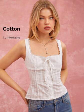 Enchnt 女士夏季撞色蕾丝前系带方领吊带背心上衣