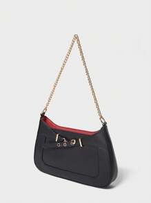 SHECARRY 女士单肩包 PU 皮革 秋季 夏季 冬季 学校 旅行 通勤 工作 优雅 精致 皮带 金属 链条 - 黑色 - 查看 3