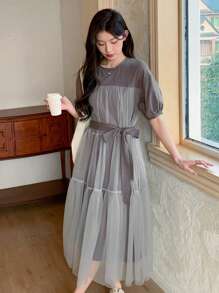 DAZY Women's Color Block Mesh Patchwork Short Sleeve Dress Summer - Grey - View 4