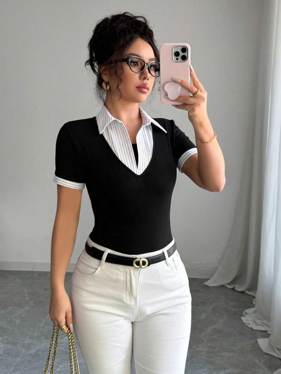 Elenzga Áo thun công sở 2 trong 1 phong cách cổ điển trang nhã dành cho nữ, phù hợp mặc nơi công sở, mùa tựu trường