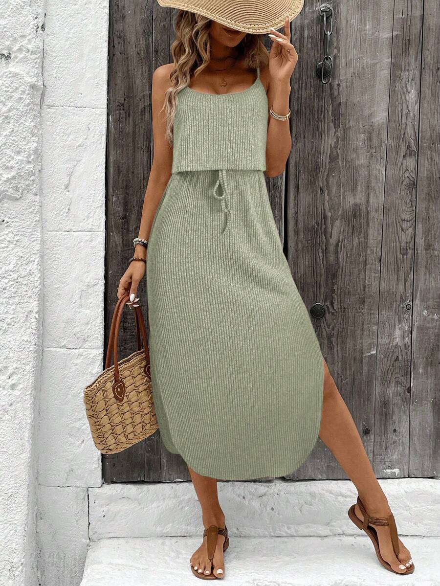 SHEIN LUNE Women's Casual Ribbed Sleeveless Slit Long Maxi Dress With Drawstring, Basic Daily Wear, Spring/Summer - Green - View 1