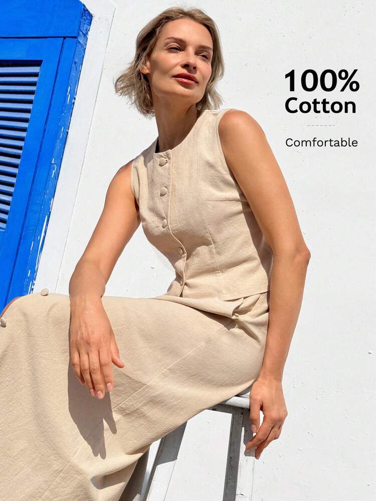 2pcs/Set Women Solid Front Button Sleeveless Top And Skirt