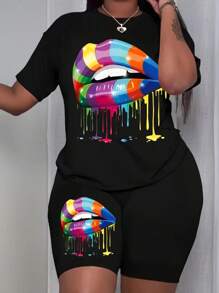 Maweii 2pcs Plus Size Summer Casual Lip Print T-Shirt And Shorts Set - Black - View 1